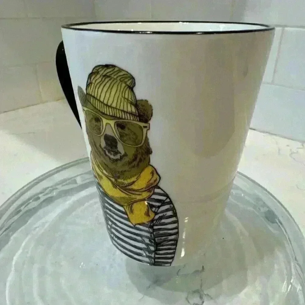 Hipster Brown Bear Mug Cup by Signature 16.5 oz. Big Yellow Glasses & Scarf